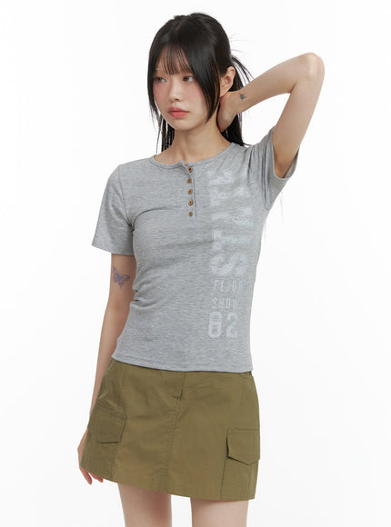 round-neck-button-cotton-tee-cl412 / Gray