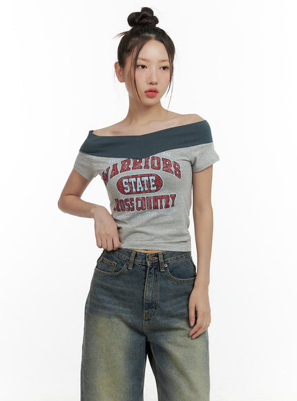 graphic-lettering-off-shoulder-crop-top-cl410 / Gray