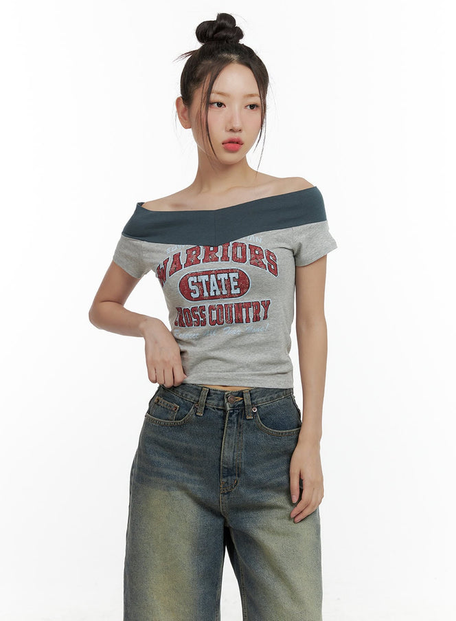 graphic-lettering-off-shoulder-crop-top-cl410 / Gray