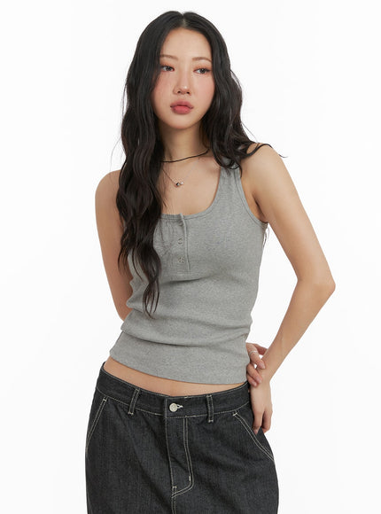 solid-rib-button-up-tank-crop-top-cm425 / Gray