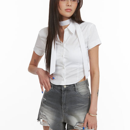 buttoned-collar-crop-shirt-with-scarf-cy424 / White