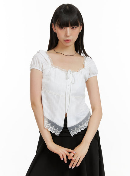 lace-hem-cotton-ribboned-square-neck-shirt-cu425 / White