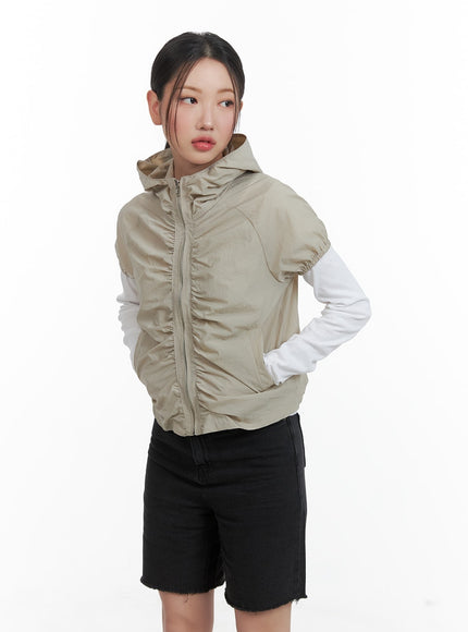 shirred-hooded-short-sleeve-nylon-jacket-ca415