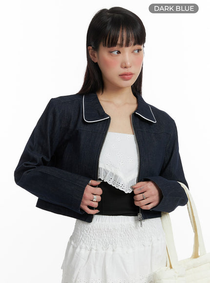 zip-up-crop-denim-jacket-if423 / Dark blue