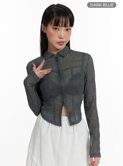 sheer-zip-up-crop-denim-jacket-if423 / Dark blue