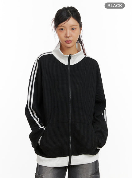 striped-waffle-zip-up-jacket-iy410 / Black