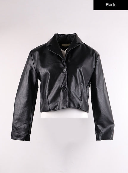 buttoned-crop-faux-leather-jacket-if402 / Black