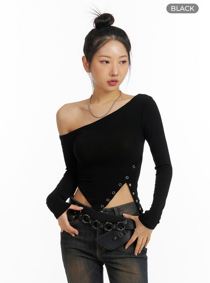 asymmetrical-one-shoulder-side-cut-long-sleeve-cf416 / Black