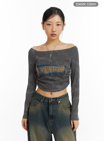 vintage-washed-shirred-crop-top-cf420 / Dark gray