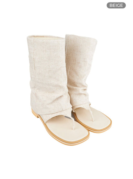 linen-open-toe-midi-boots-cl410 / Beige