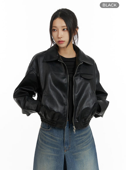 zip-up-faux-leather-bomber-jacket-cf429 / Black