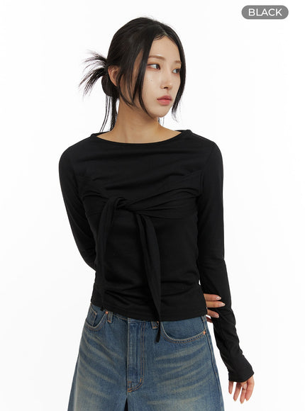 ribbon-slim-fit-long-sleeve-top-cf429 / Black