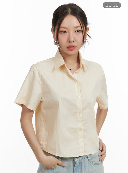 basic-collar-crop-shirt-ou403 / Beige