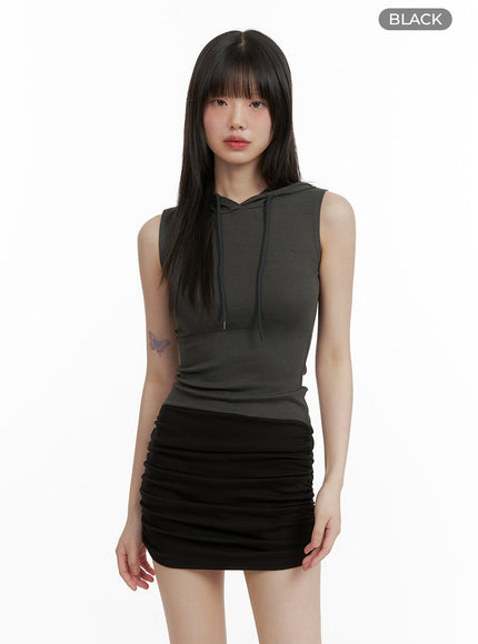 shirred-sleeveless-hooded-mini-dress-cy428 / Black