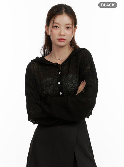 see-through-crop-hooded-cardigan-ou413 / Black