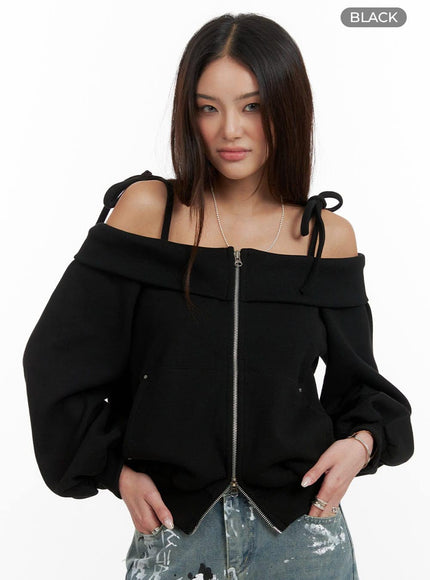 off-shoulder-strap-zip-up-sweatshirt-ca430 / Black