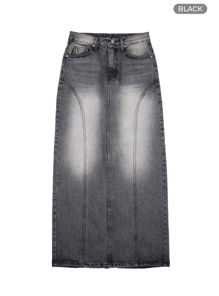 vintage-washed-denim-maxi-skirt-ca403 / Black