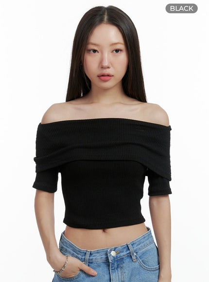 ribbed-off-shoulder-crop-tee-ol401 / Black