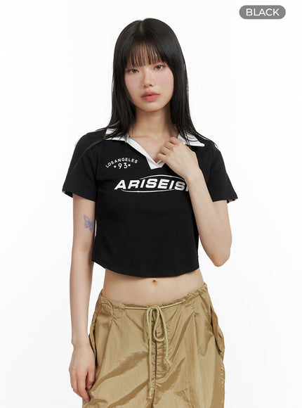 lettering-collar-crop-top-cl401 / Black