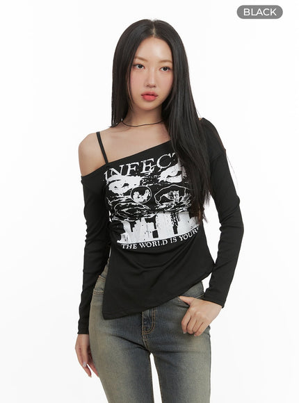 off-shoulder-graphic-slit-tee-cy420 / Black