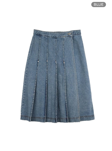 pleated-denim-midi-skirt-cy416 / Blue