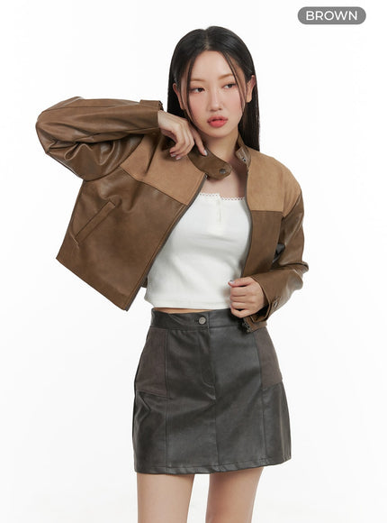 suede-mixed-texture-crop-jacket-ca415 / Brown