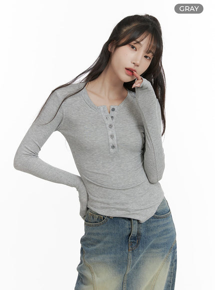 slim-fit-buttoned-long-sleeve-top-ca403 / Gray