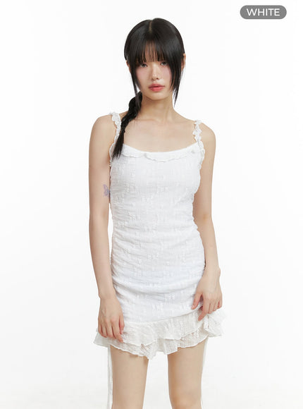 lace-trimmed-shirred-mini-dress-cl403 / White