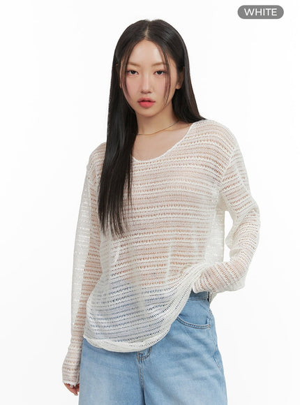 sheer-stripe-long-sleeve-top-cy420 / White