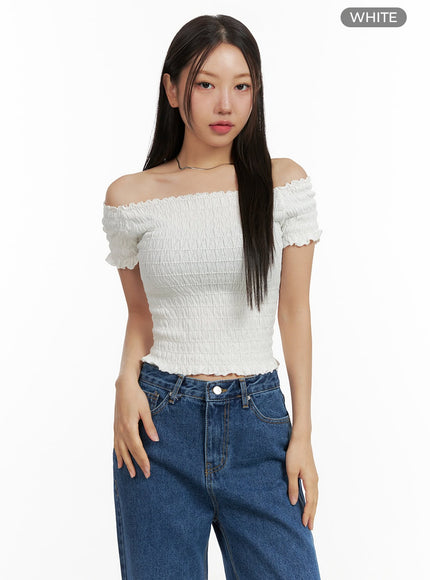 off-shoulder-smocked-crop-top-ou407 / White