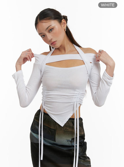 shirred-halter-bolero-long-sleeve-cy402 / White