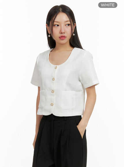 short-sleeve-buttoned-u-neck-jacket-ou407 / White