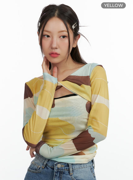 twist-cut-printed-long-sleeve-top-ol408 / Yellow