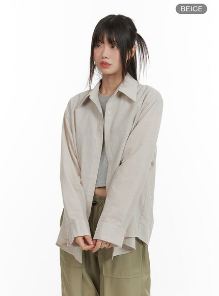 solid-button-oversized-long-sleeve-shirt-ca418 / Beige