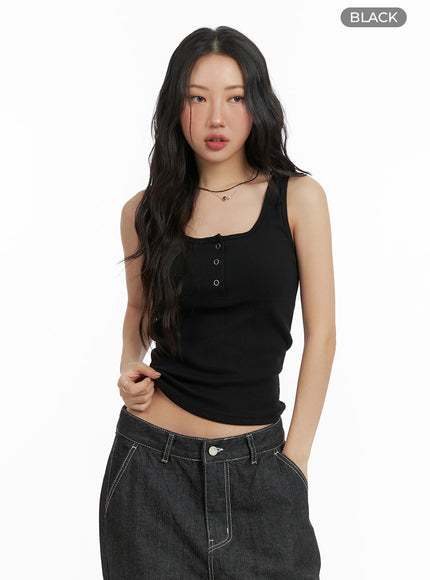 solid-rib-button-up-tank-crop-top-cm425 / Black