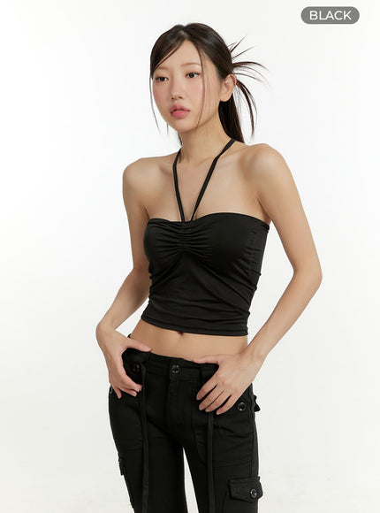 shirred-halter-crop-tube-top-cl401 / Black