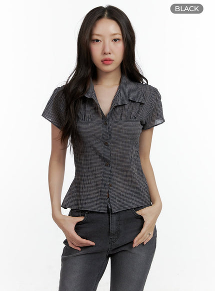 gingham-buttoned-collar-short-sleeve-blouse-cl410 / Black