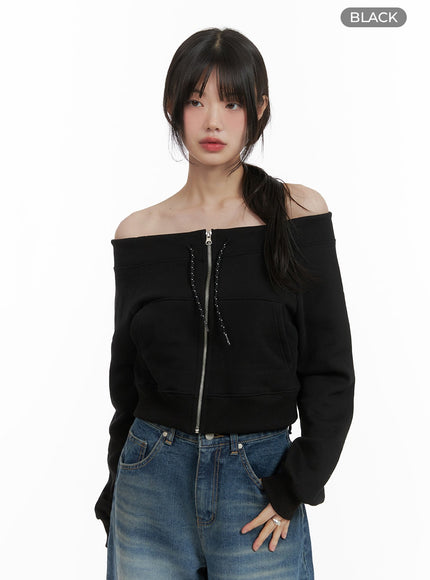 off-shoulder-zip-sweatshirt-ca419 / Black