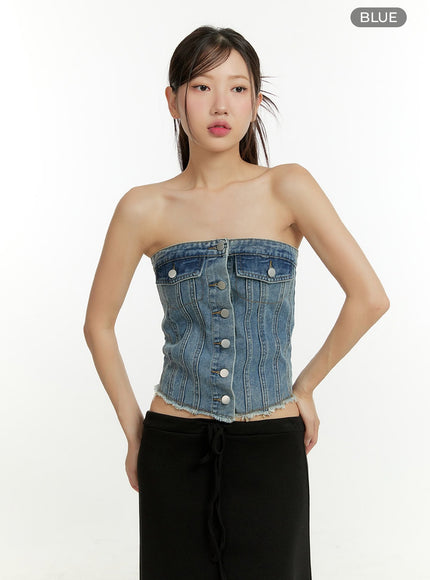 denim-button-up-tube-top-cu428 / Blue