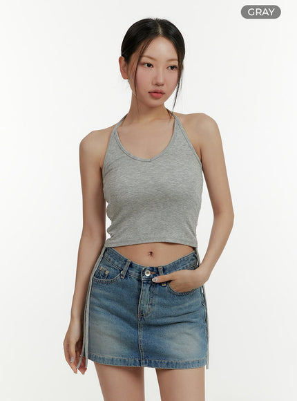 solid-halter-shirred-crop-top-cy409 / Gray