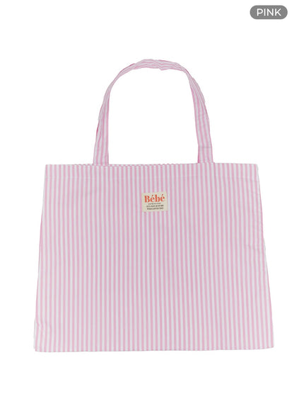 striped-cotton-shoulder-tote-bag-iu419 / Pink