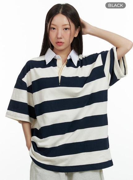 oversize-stripe-polo-top-ol408 / Black