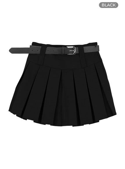 two-waist-belted-pleated-mini-skirt-ou407 / Black