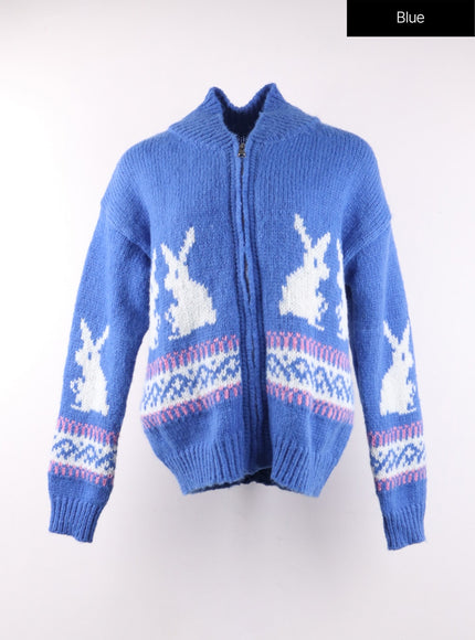 rabbit-zip-up-graphic-knit-sweater-of405 / Blue