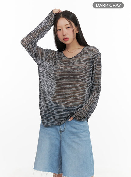 sheer-stripe-long-sleeve-top-cy420 / Dark gray