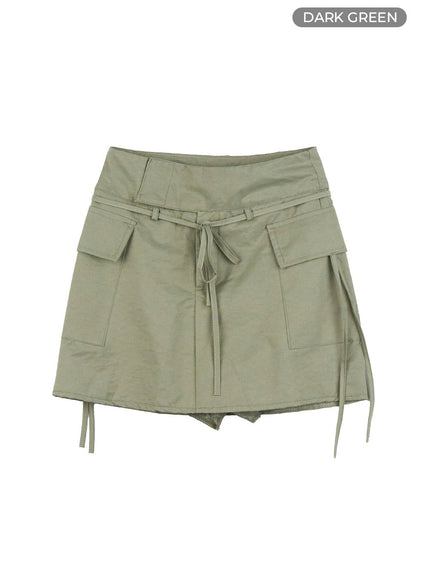 pocket-strap-solid-mini-skirt-ol408 / Dark green