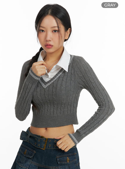 cable-knit-collar-crop-sweater-cf426 / Gray