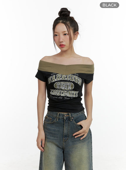 graphic-lettering-off-shoulder-crop-top-cl410 / Black