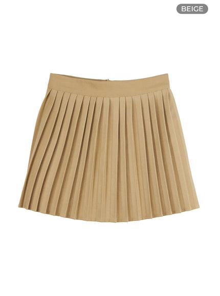 pleated-solid-mini-skirt-ou418 / Beige