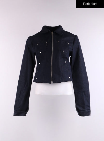 rhinestone-zipper-denim-jacket-cf401 / Dark blue